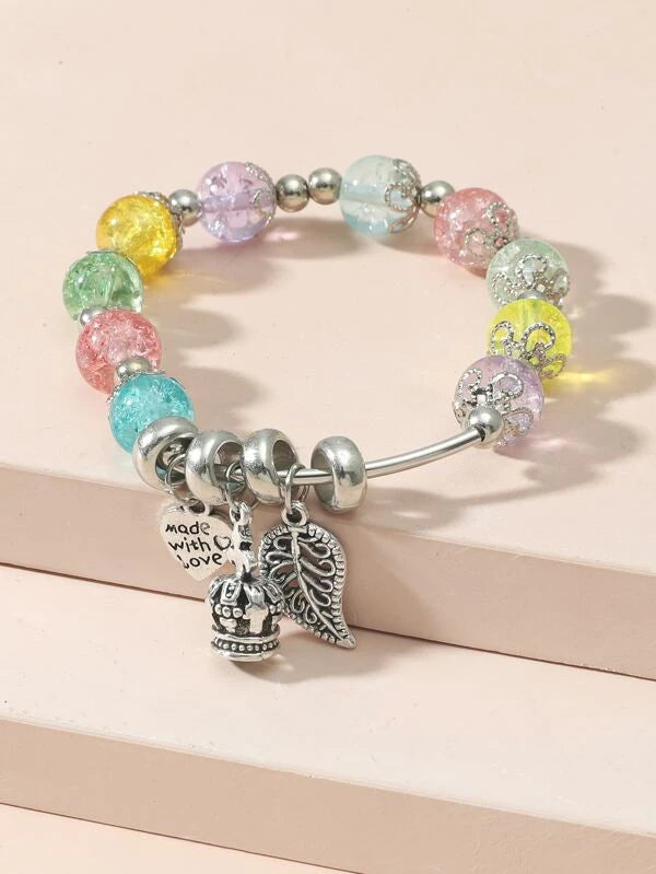 Beaded Multicolored Stretch Bracelet with Crown, Heart, and Leaf Charms