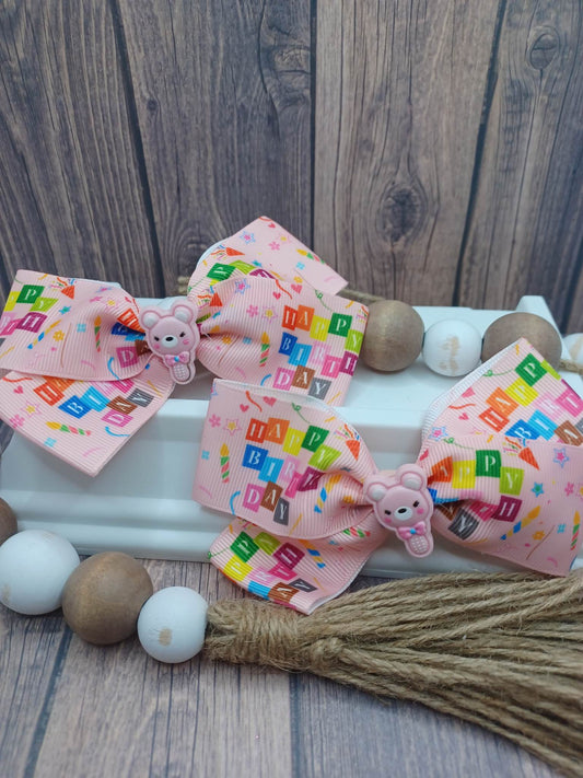 Pink Happy Birthday Bow Set - Bear