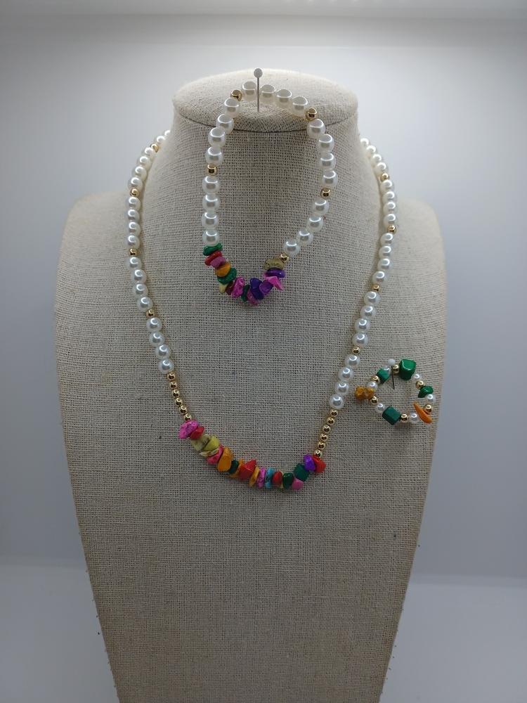 Rock & Pearl Beaded Necklace, Bracelet, & Ring Set