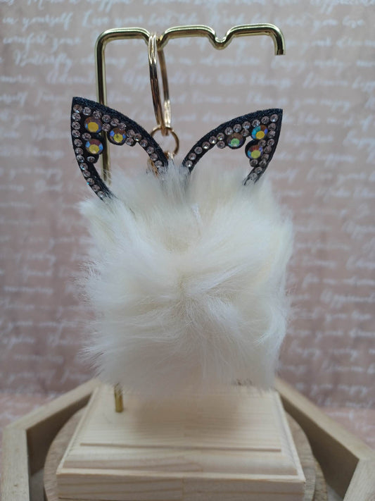 White Fox Pom Pom Keychain w/ Mermaid Rhinestone Ears